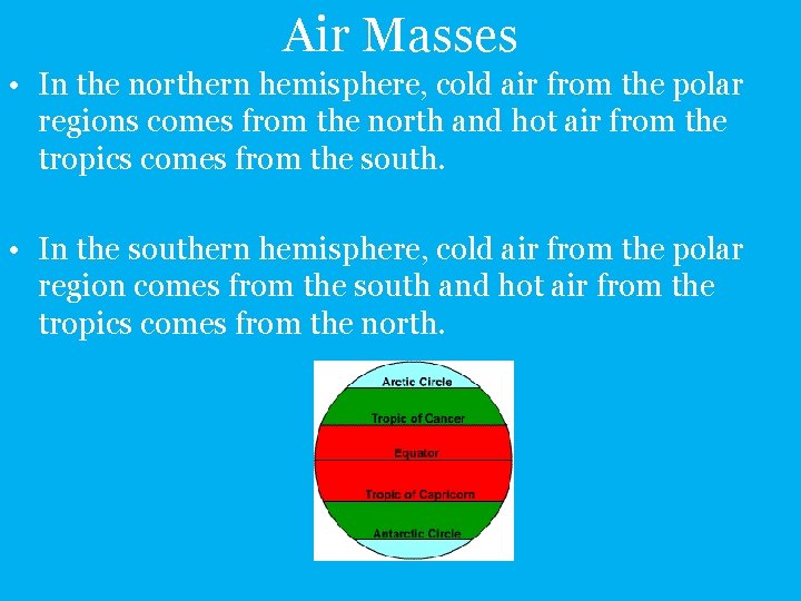 Air Masses • In the northern hemisphere, cold air from the polar regions comes