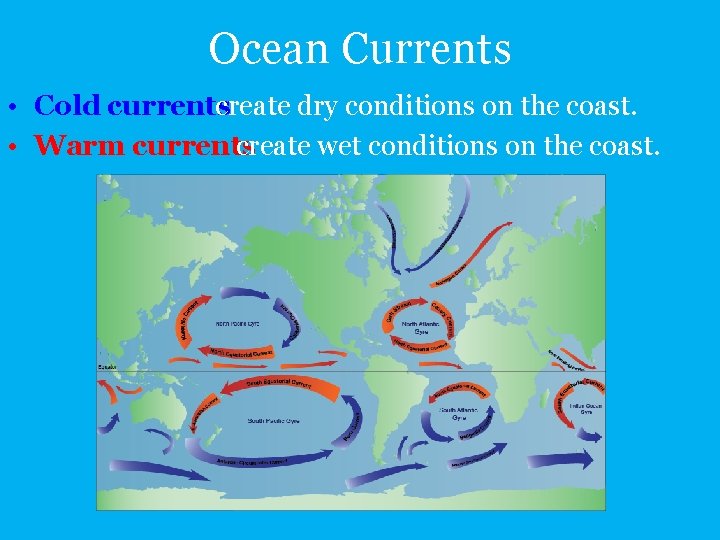 Ocean Currents • Cold currents create dry conditions on the coast. • Warm currents