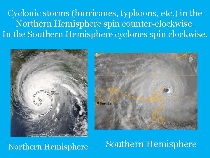 Cyclonic storms (hurricanes, typhoons, etc. ) in the Northern Hemisphere spin counter-clockwise. In the