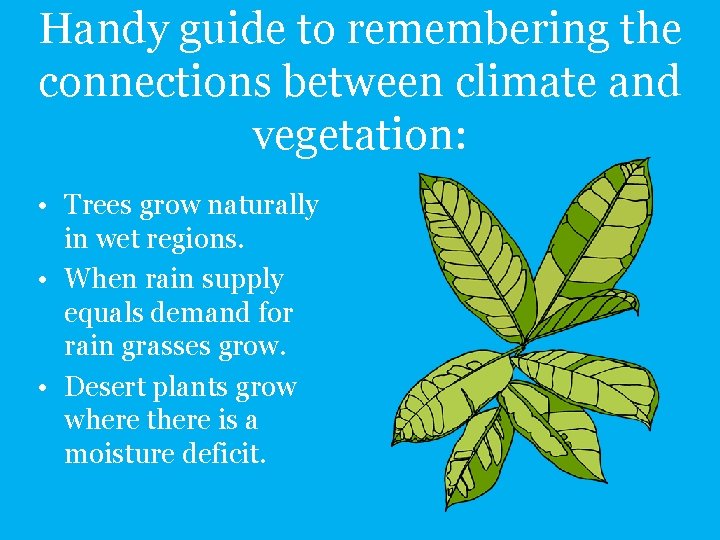 Handy guide to remembering the connections between climate and vegetation: • Trees grow naturally