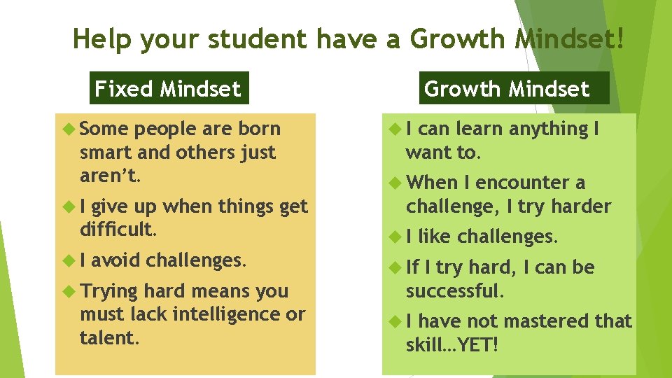 Help your student have a Growth Mindset! Growth Mindset Fixed Mindset Some people are