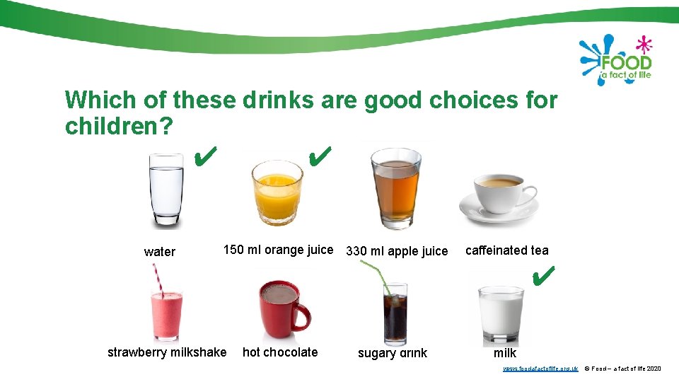 Which of these drinks are good choices for children? ✔ water ✔ 150 ml