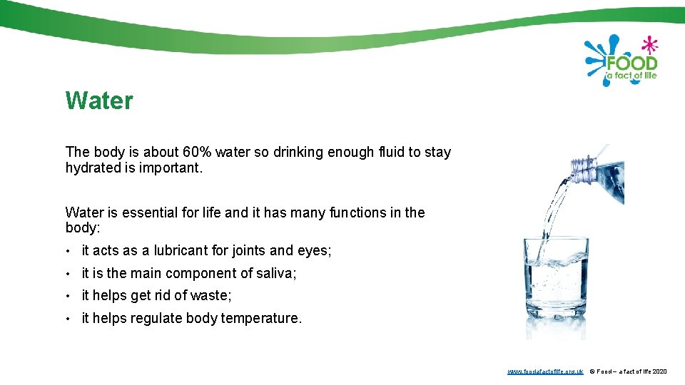 Water The body is about 60% water so drinking enough fluid to stay hydrated