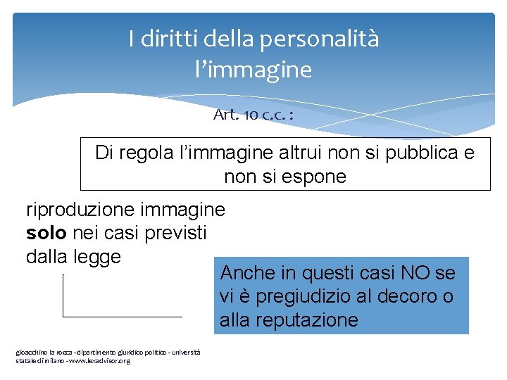 I diritti della personalità l’immagine Art. 10 c. c. : Di regola l’immagine altrui