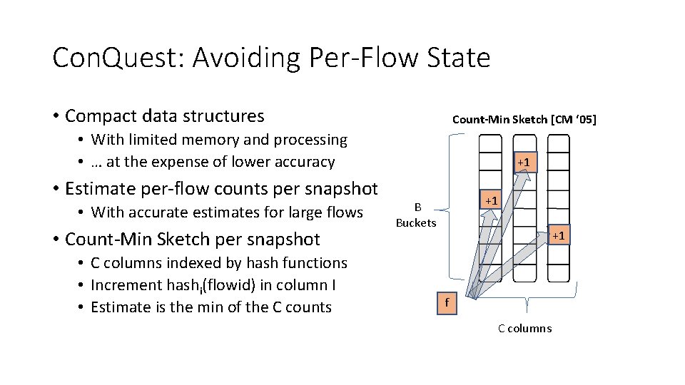 Con. Quest: Avoiding Per-Flow State • Compact data structures Count-Min Sketch [CM ‘ 05]