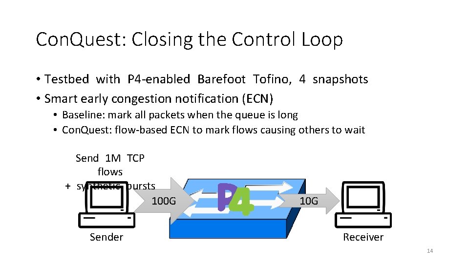 Con. Quest: Closing the Control Loop • Testbed with P 4 -enabled Barefoot Tofino,