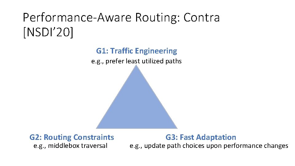 Performance-Aware Routing: Contra [NSDI’ 20] G 1: Traffic Engineering e. g. , prefer least