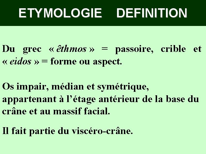 ETYMOLOGIE DEFINITION Du grec « êthmos » = passoire, crible et « eidos »