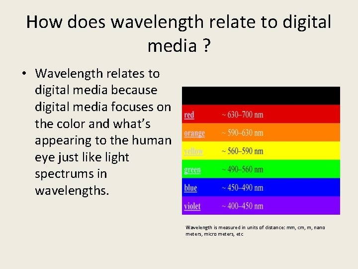 How does wavelength relate to digital media ? • Wavelength relates to digital media