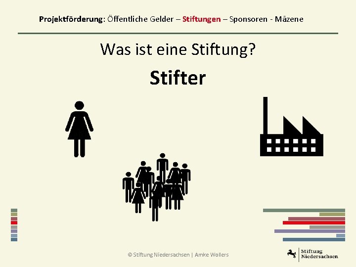 Projektförderung: Öffentliche Gelder – Stiftungen – Sponsoren - Mäzene Was ist eine Stiftung? Stifter