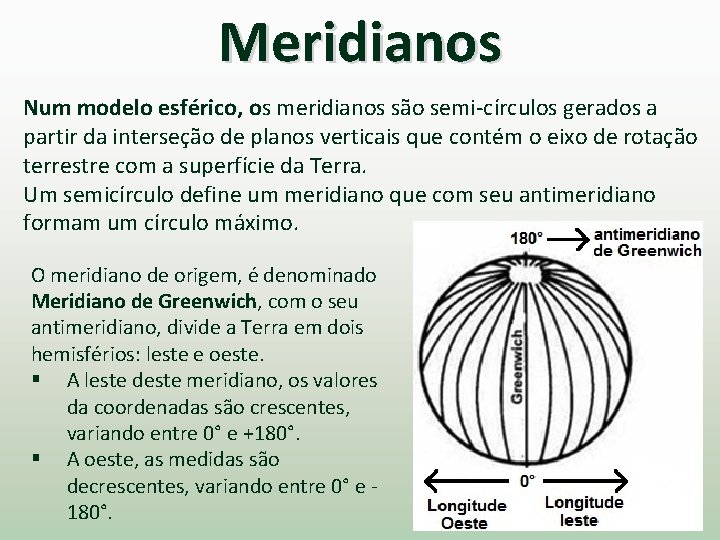 Meridianos Num modelo esférico, os meridianos são semi-círculos gerados a partir da interseção de