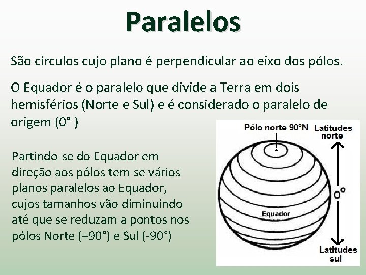 Paralelos São círculos cujo plano é perpendicular ao eixo dos pólos. O Equador é