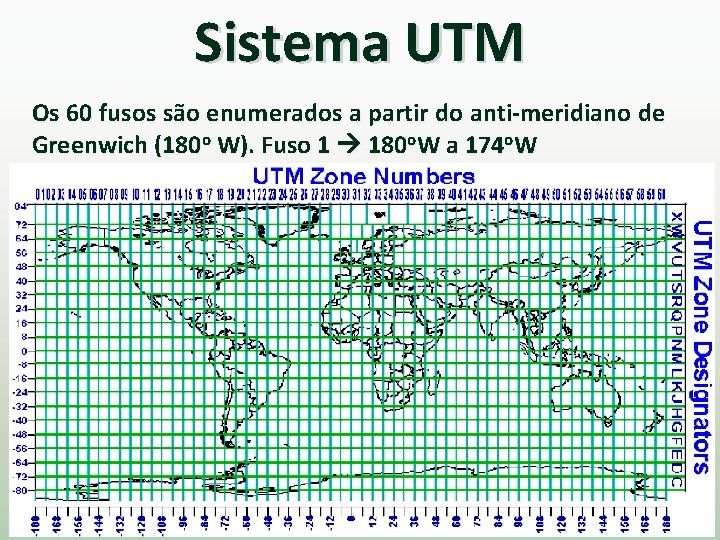 Sistema UTM Os 60 fusos são enumerados a partir do anti-meridiano de Greenwich (180