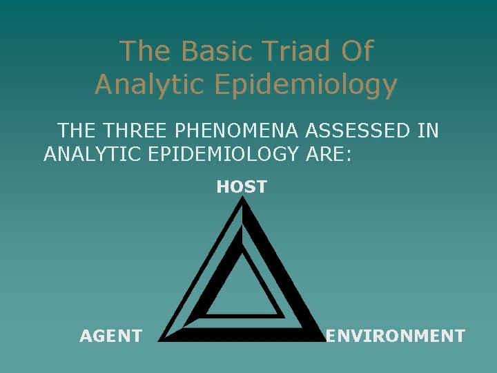 The Basic Triad Of Analytic Epidemiology THE THREE PHENOMENA ASSESSED IN ANALYTIC EPIDEMIOLOGY ARE: