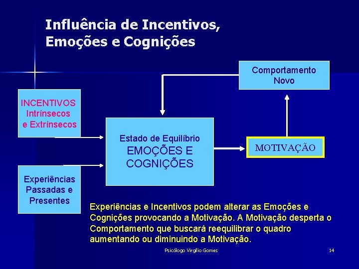 Influência de Incentivos, Emoções e Cognições Comportamento Novo INCENTIVOS Intrínsecos e Extrínsecos Estado de