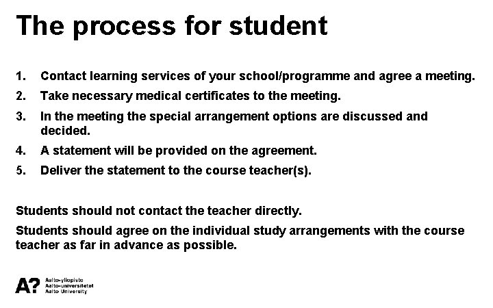 The process for student 1. Contact learning services of your school/programme and agree a