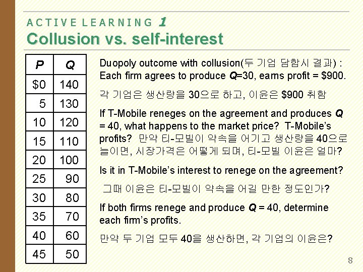 ACTIVE LEARNING 1 Collusion vs. self-interest Duopoly outcome with collusion(두 기업 담합시 결과) :