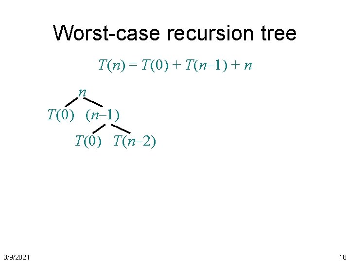 Worst-case recursion tree T(n) = T(0) + T(n– 1) + n n T(0) (n–