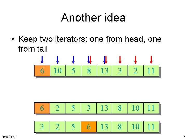 Another idea • Keep two iterators: one from head, one from tail 3/9/2021 6