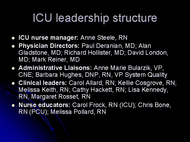 ICU leadership structure l l l ICU nurse manager: Anne Steele, RN Physician Directors: ICU leadership structure l l l ICU nurse manager: Anne Steele, RN Physician Directors: