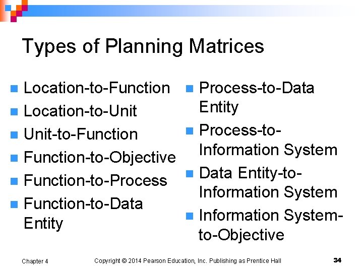 Types of Planning Matrices Location-to-Function n Location-to-Unit n Unit-to-Function n Function-to-Objective n Function-to-Process n