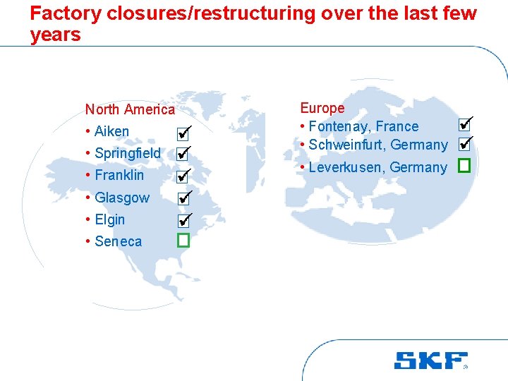Factory closures/restructuring over the last few years North America • Aiken • Springfield •