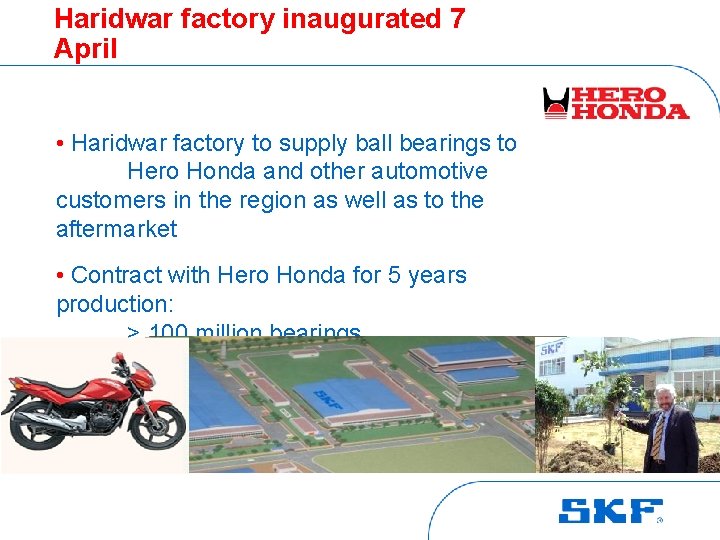 Haridwar factory inaugurated 7 April • Haridwar factory to supply ball bearings to Hero