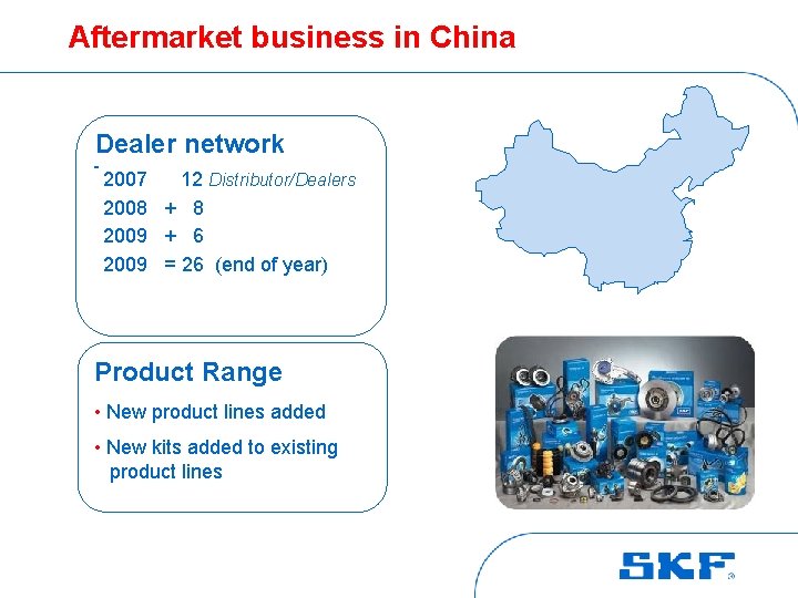 Aftermarket business in China Dealer network 2007 12 Distributor/Dealers 2008 + 8 2009 +