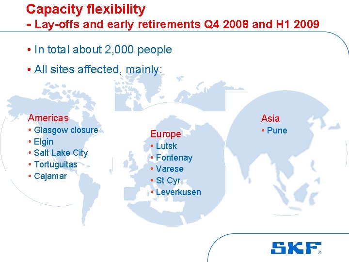 Capacity flexibility - Lay-offs and early retirements Q 4 2008 and H 1 2009