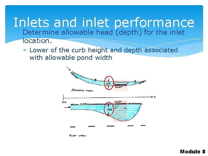 Inlets and inlet performance Determine allowable head (depth) for the inlet location. Lower of