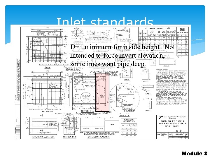 Inlet standards D+1 minimum for inside height. Not intended to force invert elevation, sometimes