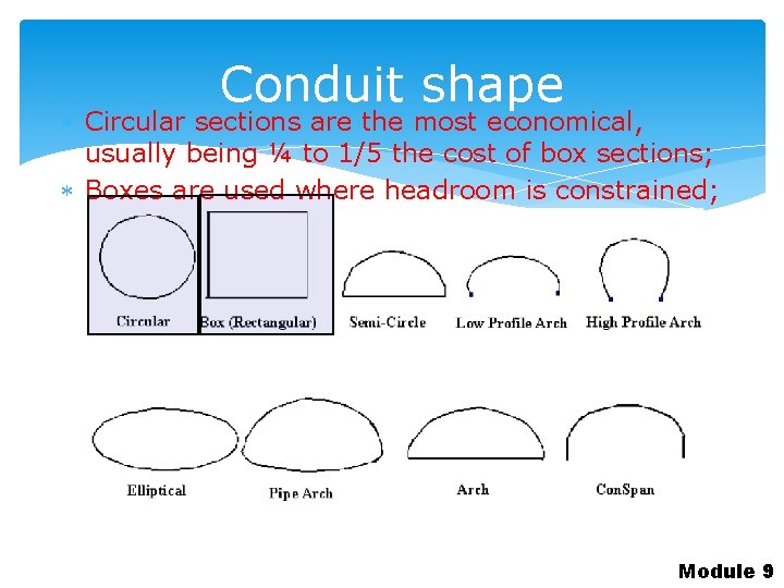 Conduit shape Circular sections are the most economical, usually being ¼ to 1/5 the