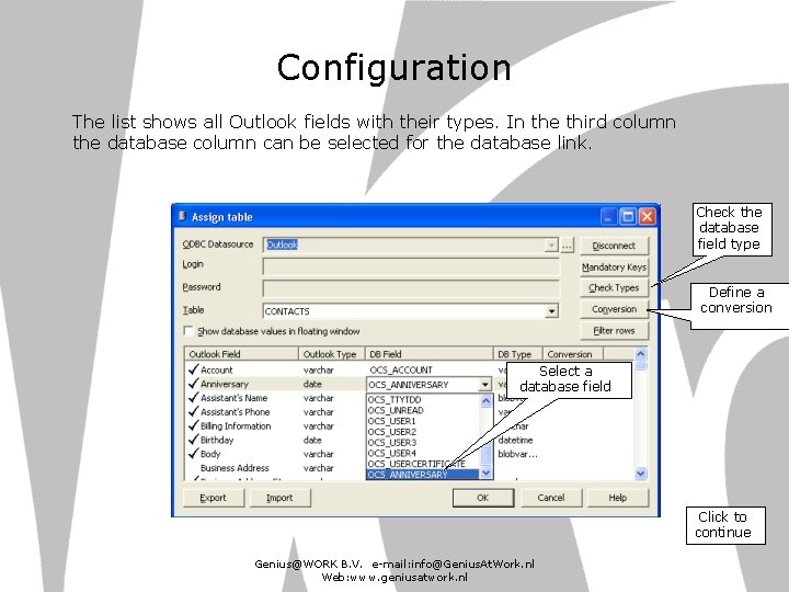 Configuration The list shows all Outlook fields with their types. In the third column