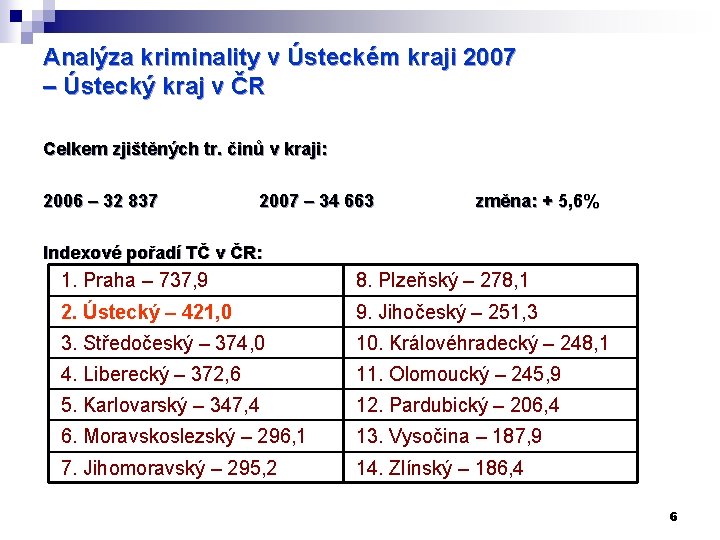 Analýza kriminality v Ústeckém kraji 2007 – Ústecký kraj v ČR Celkem zjištěných tr.