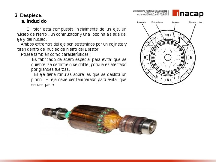 3. Despiece. a. Inducido El rotor esta compuesta inicialmente de un eje, un núcleo