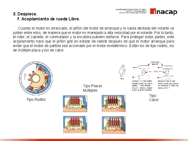 3. Despiece. f. Acoplamiento de rueda Libre. Cuando el motor es arrancado, el piñón