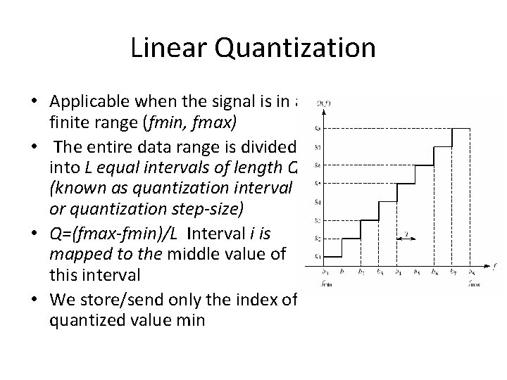 Linear Quantization • Applicable when the signal is in a finite range (fmin, fmax) Linear Quantization • Applicable when the signal is in a finite range (fmin, fmax)