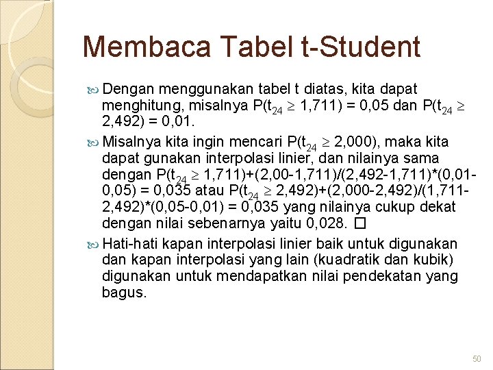 Membaca Tabel t-Student Dengan menggunakan tabel t diatas, kita dapat menghitung, misalnya P(t 24