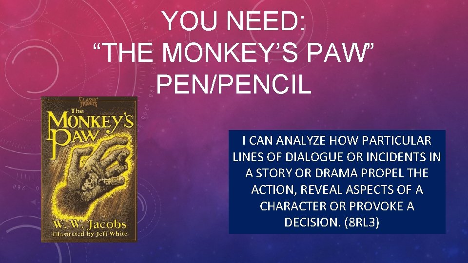 YOU NEED: “THE MONKEY’S PAW” PEN/PENCIL I CAN ANALYZE HOW PARTICULAR LINES OF DIALOGUE
