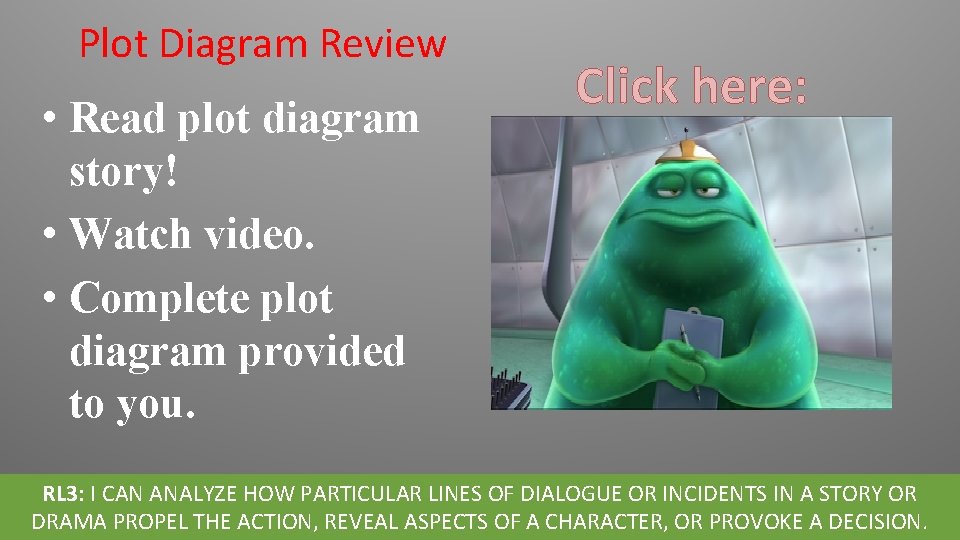 Plot Diagram Review • Read plot diagram story! • Watch video. • Complete plot