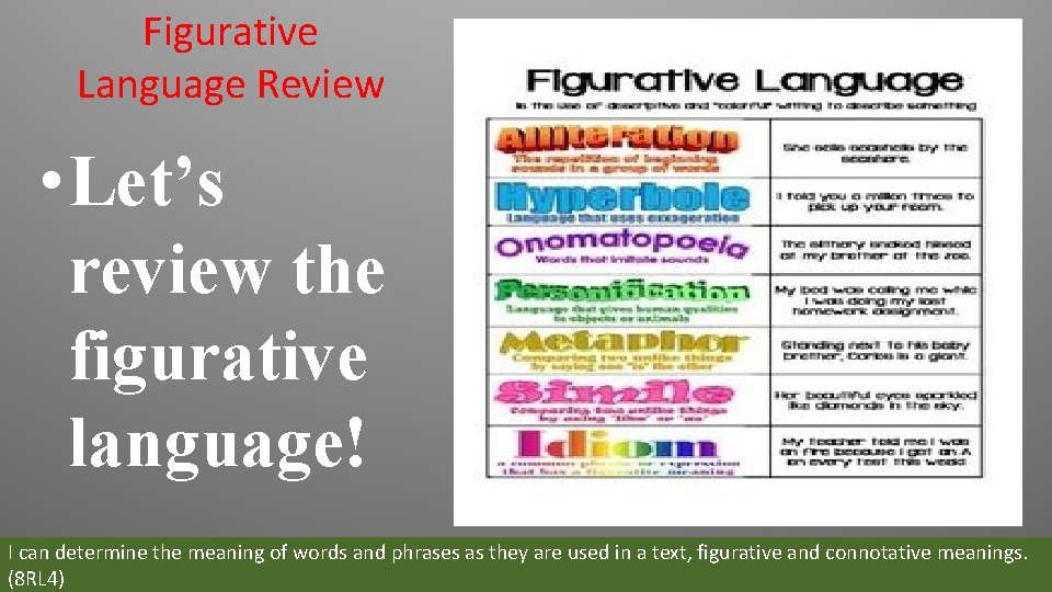 Figurative Language Review • Let’s review the figurative language! I can determine the meaning