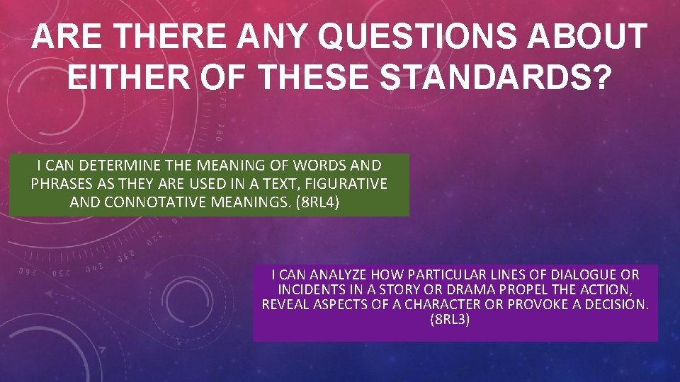 ARE THERE ANY QUESTIONS ABOUT EITHER OF THESE STANDARDS? I CAN DETERMINE THE MEANING