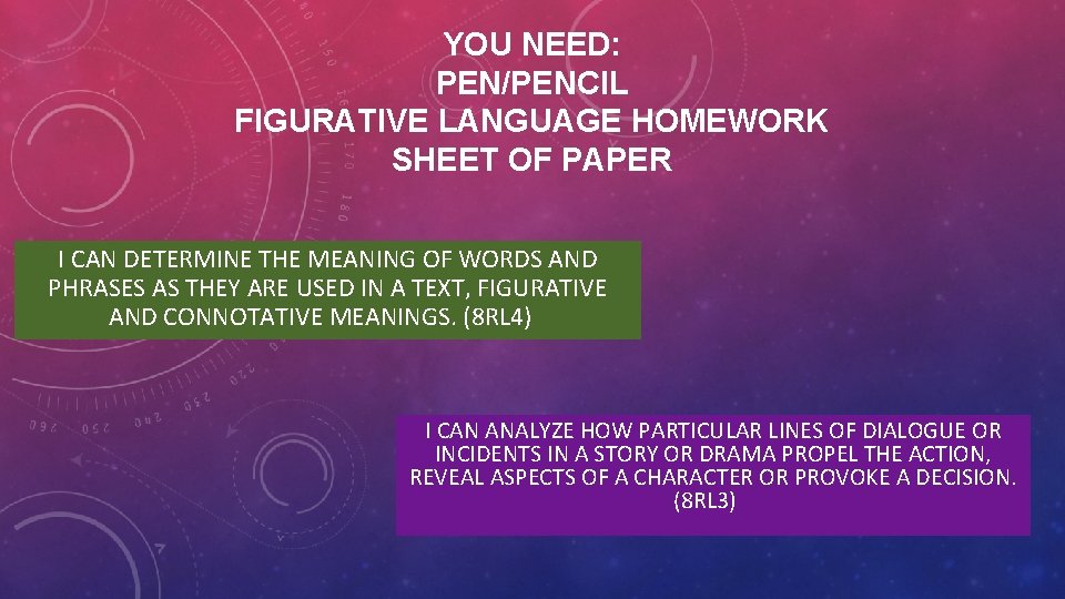 YOU NEED: PEN/PENCIL FIGURATIVE LANGUAGE HOMEWORK SHEET OF PAPER I CAN DETERMINE THE MEANING