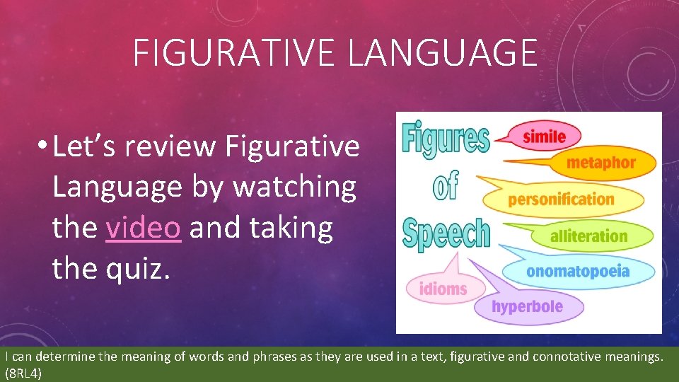 FIGURATIVE LANGUAGE • Let’s review Figurative Language by watching the video and taking the