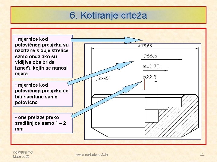 6. Kotiranje crteža • mjernice kod polovičnog presjeka su nacrtane s obje strelice samo