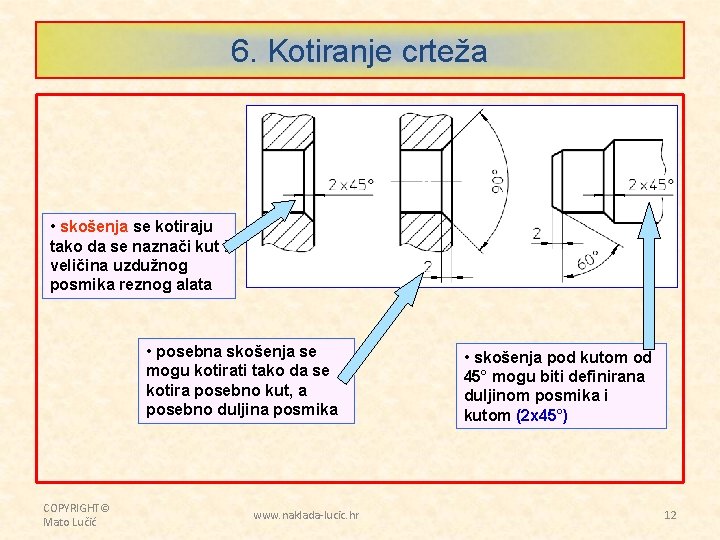 6. Kotiranje crteža • skošenja se kotiraju tako da se naznači kut i veličina