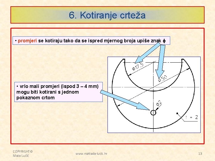 6. Kotiranje crteža • promjeri se kotiraju tako da se ispred mjernog broja upiše