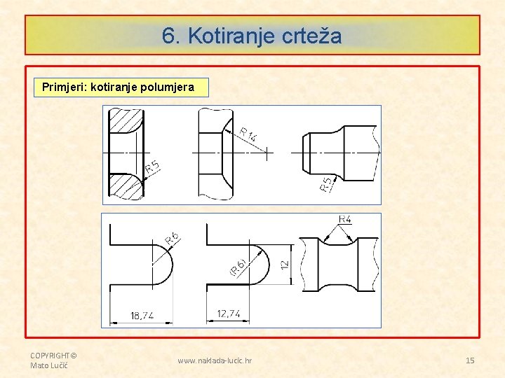 6. Kotiranje crteža Primjeri: kotiranje polumjera COPYRIGHT© Mato Lučić www. naklada-lucic. hr 15 