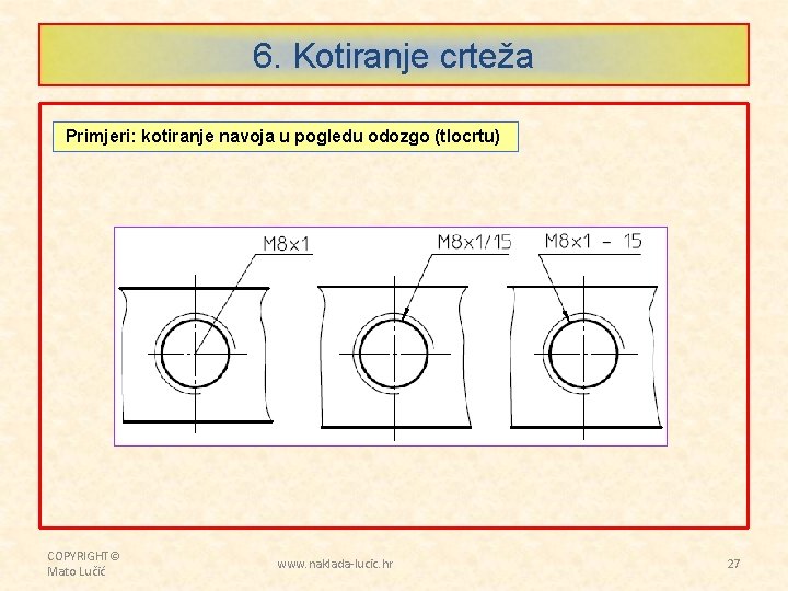 6. Kotiranje crteža Primjeri: kotiranje navoja u pogledu odozgo (tlocrtu) COPYRIGHT© Mato Lučić www.