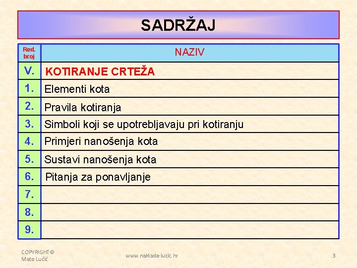 SADRŽAJ Red. broj NAZIV V. KOTIRANJE CRTEŽA 1. Elementi kota 2. Pravila kotiranja 3.